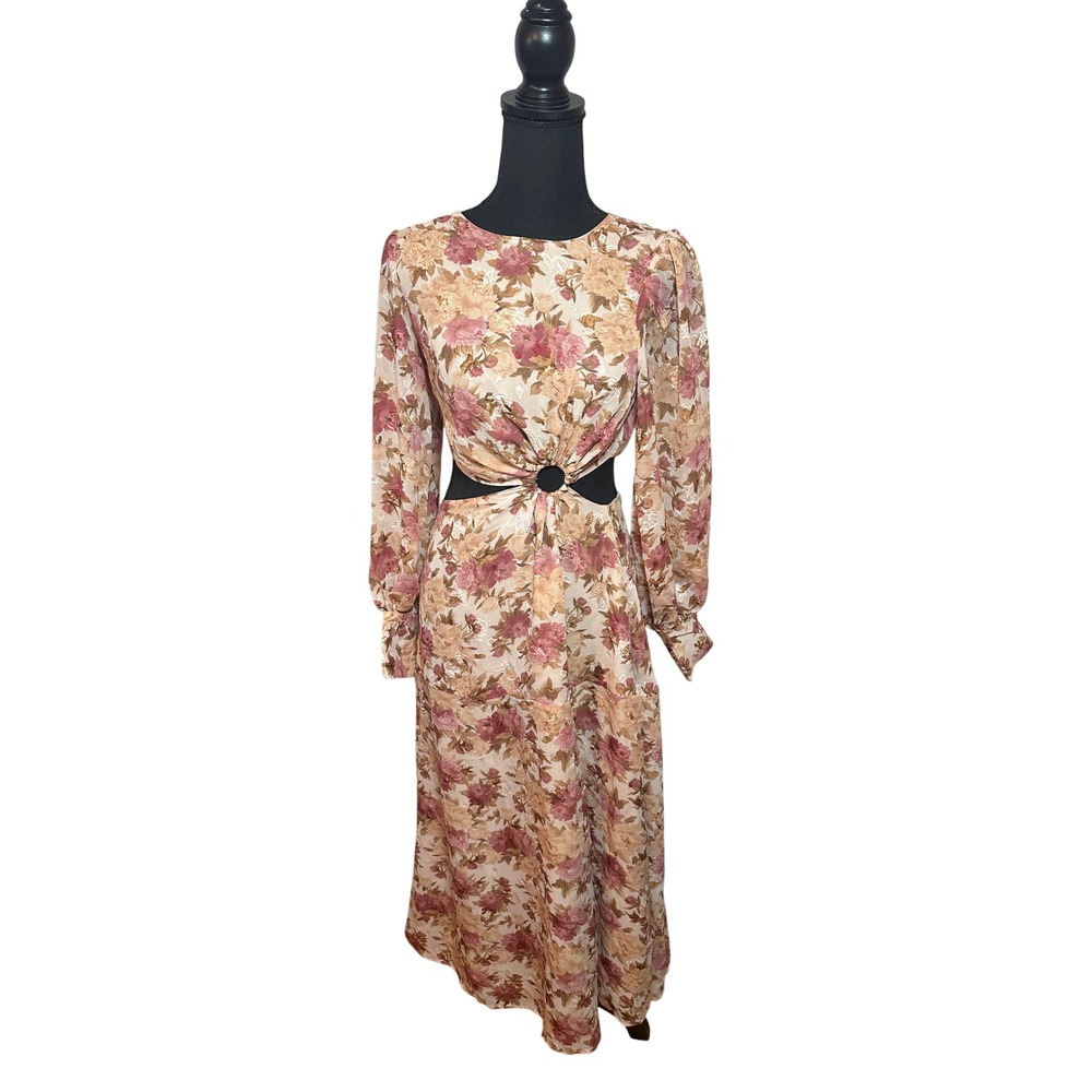 En Saison Floral Jacquard Cut Out Midi Dress Pink Tan Long Balloon Sleeve Resort